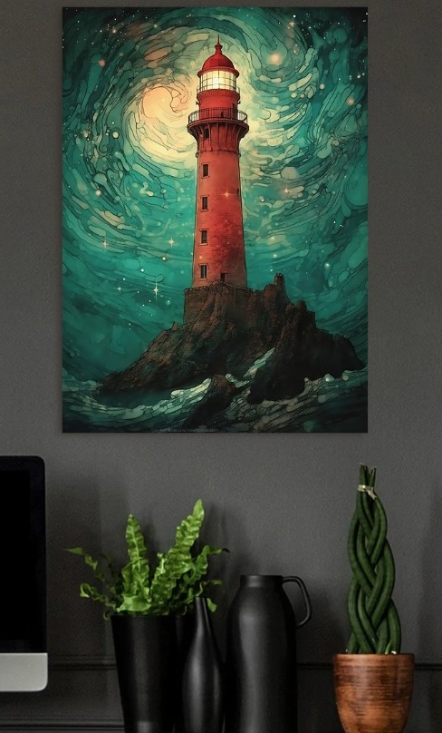 Lighthouse in a swirling sky — metal poster wall art by Lineer